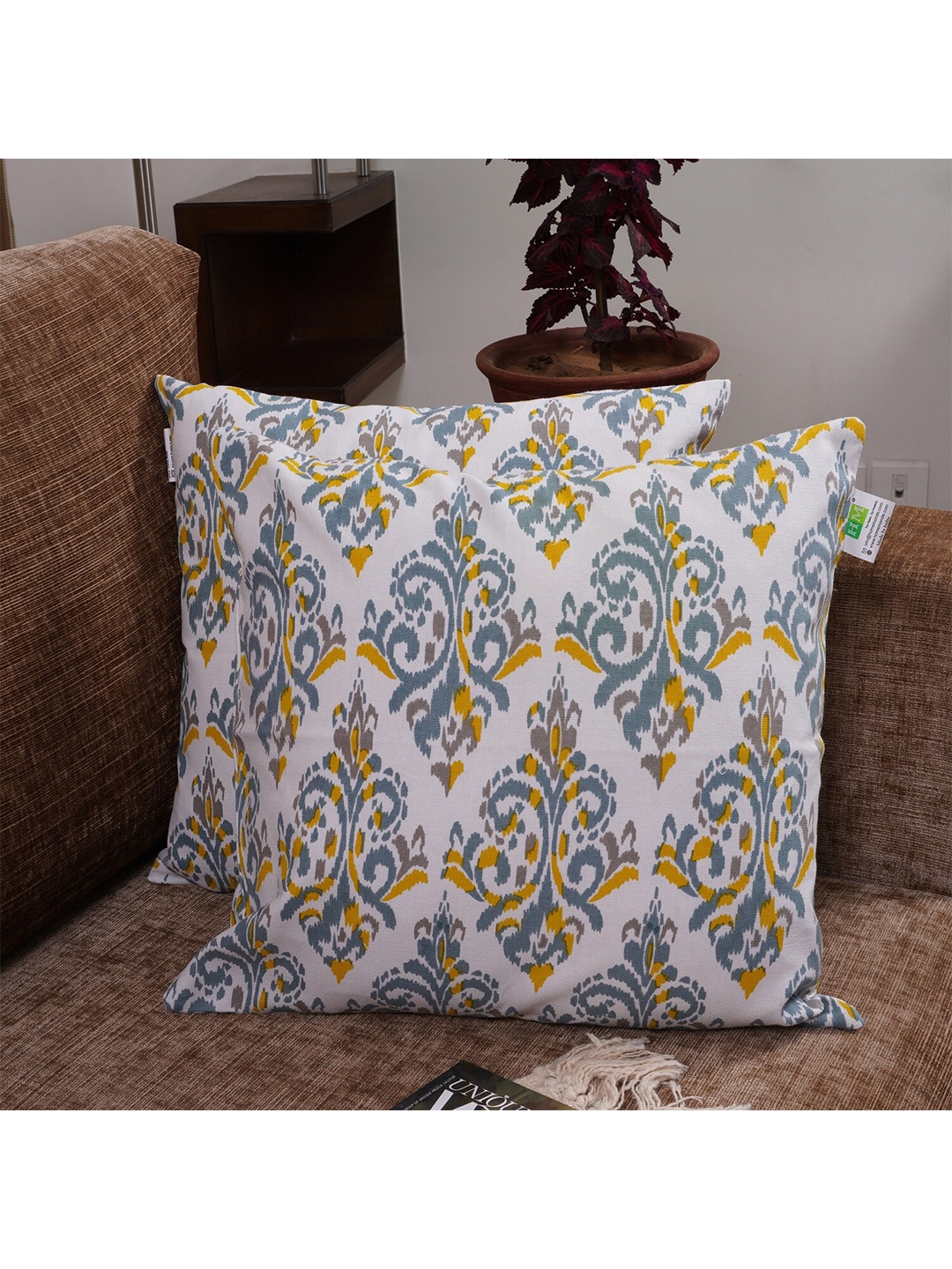 

HOMEMONDE White & Yellow Set of 2 Geometric Square Cushion Covers