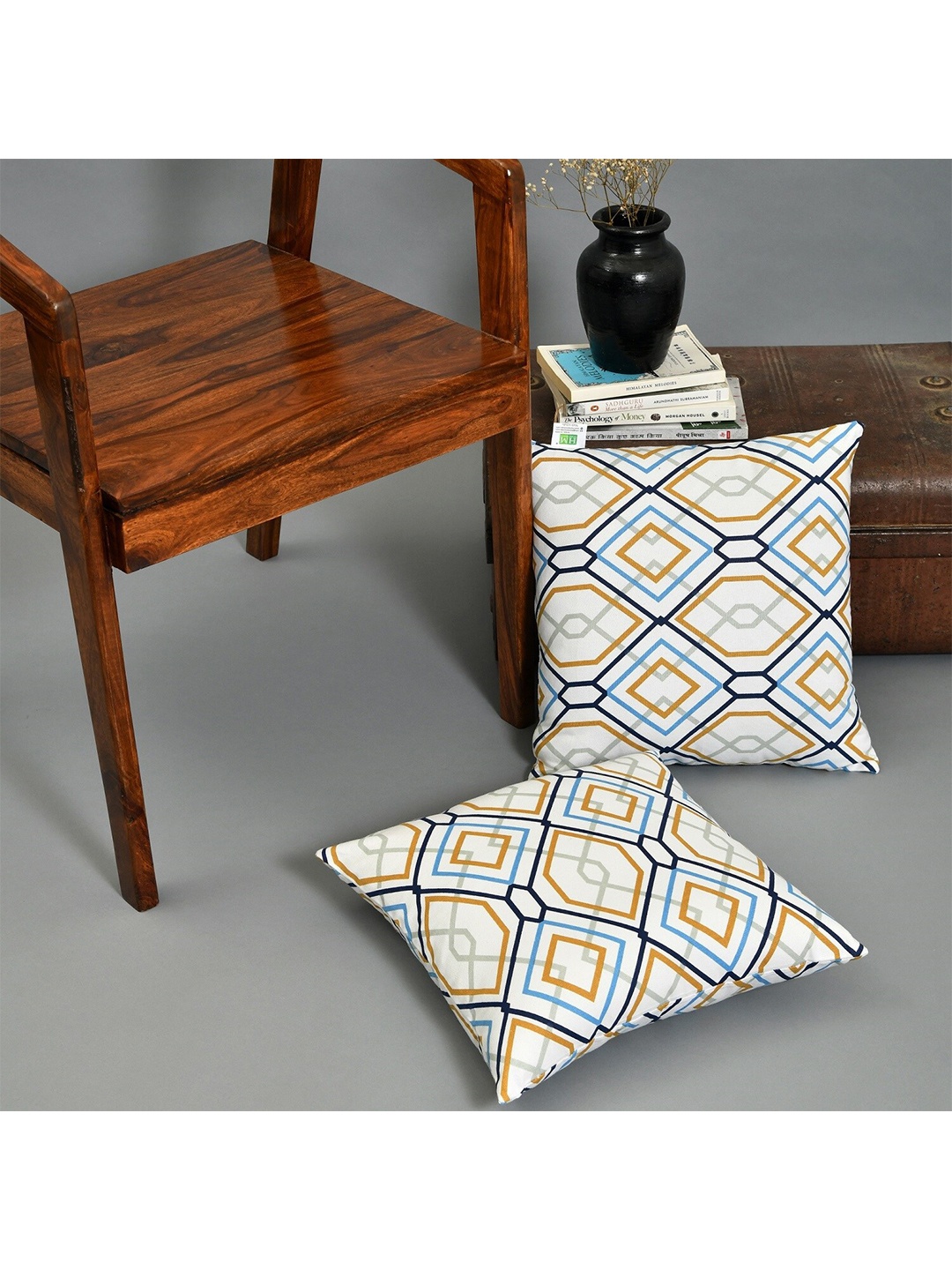 

HOMEMONDE White & Blue Set of 2 Geometric Square Cushion Covers