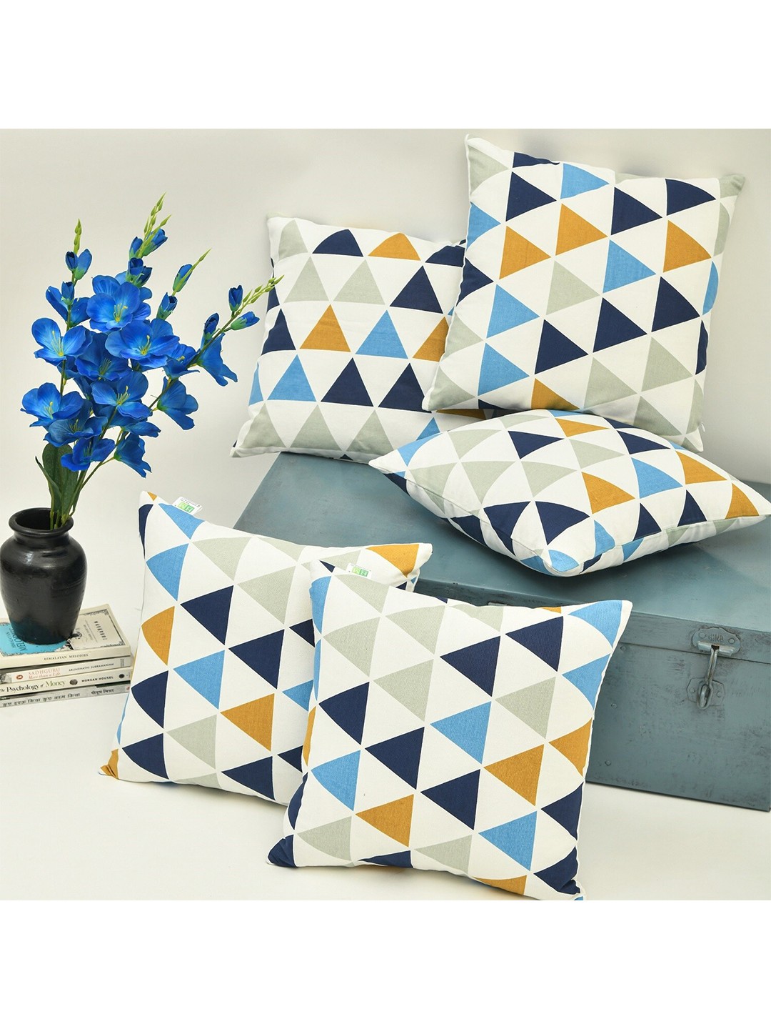 

HOMEMONDE Set of 5 White & Blue Geometric Square Cushion Covers