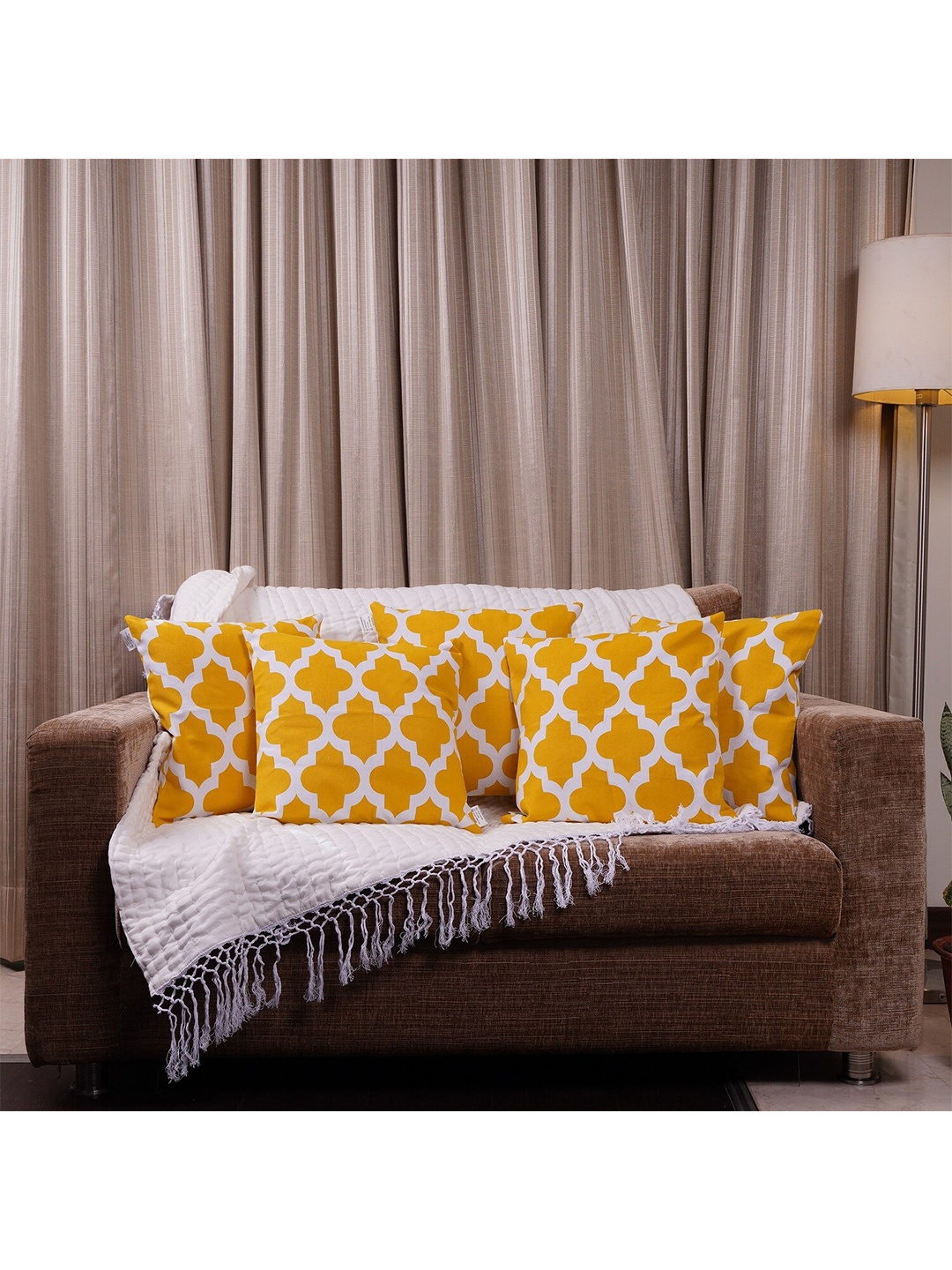 

HOMEMONDE Pack of 5 Yellow & White Geometric Square Cushion Covers