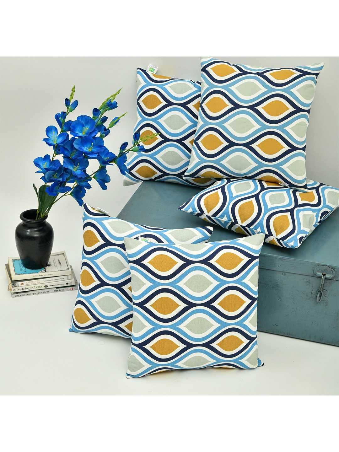 

HOMEMONDE White & Blue Set of 5 Geometric Square Cotton Cushion Covers, Multi