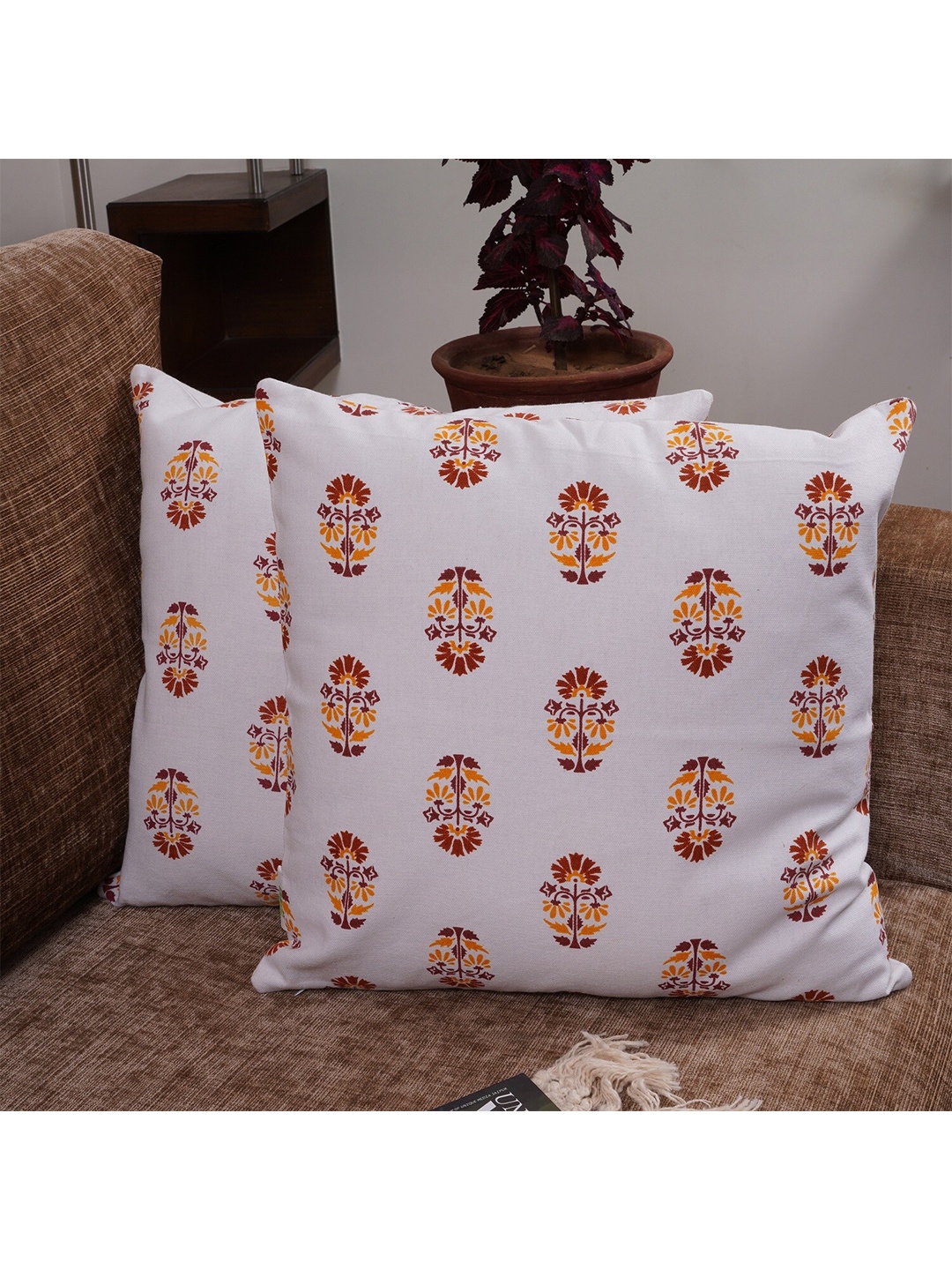 

HOMEMONDE Set of 2 White And Mustard Floral Print Cotton Square Cushion Covers