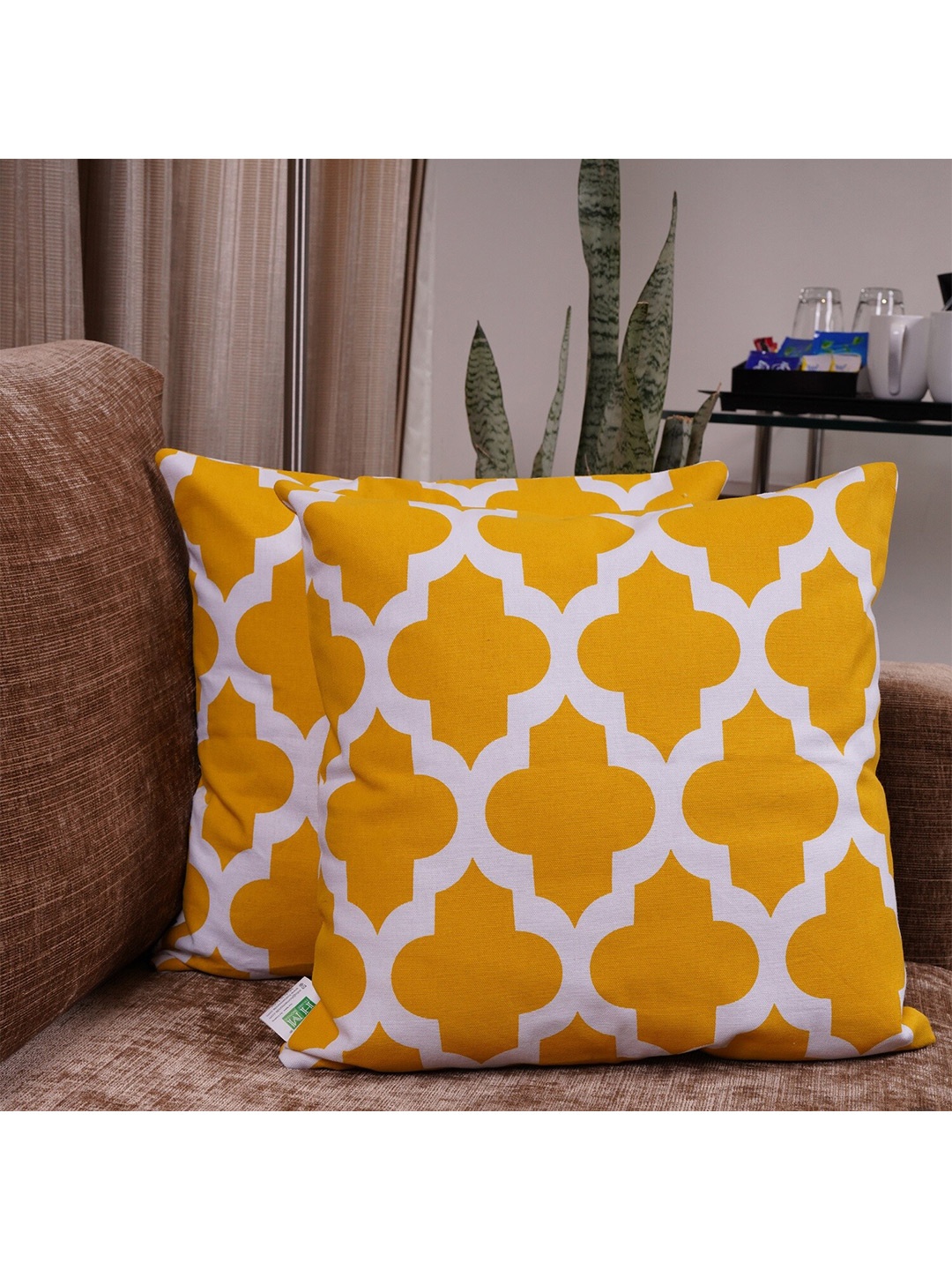 

HOMEMONDE Yellow & White Set of 2 Ethnic Motifs Square Cushion Covers