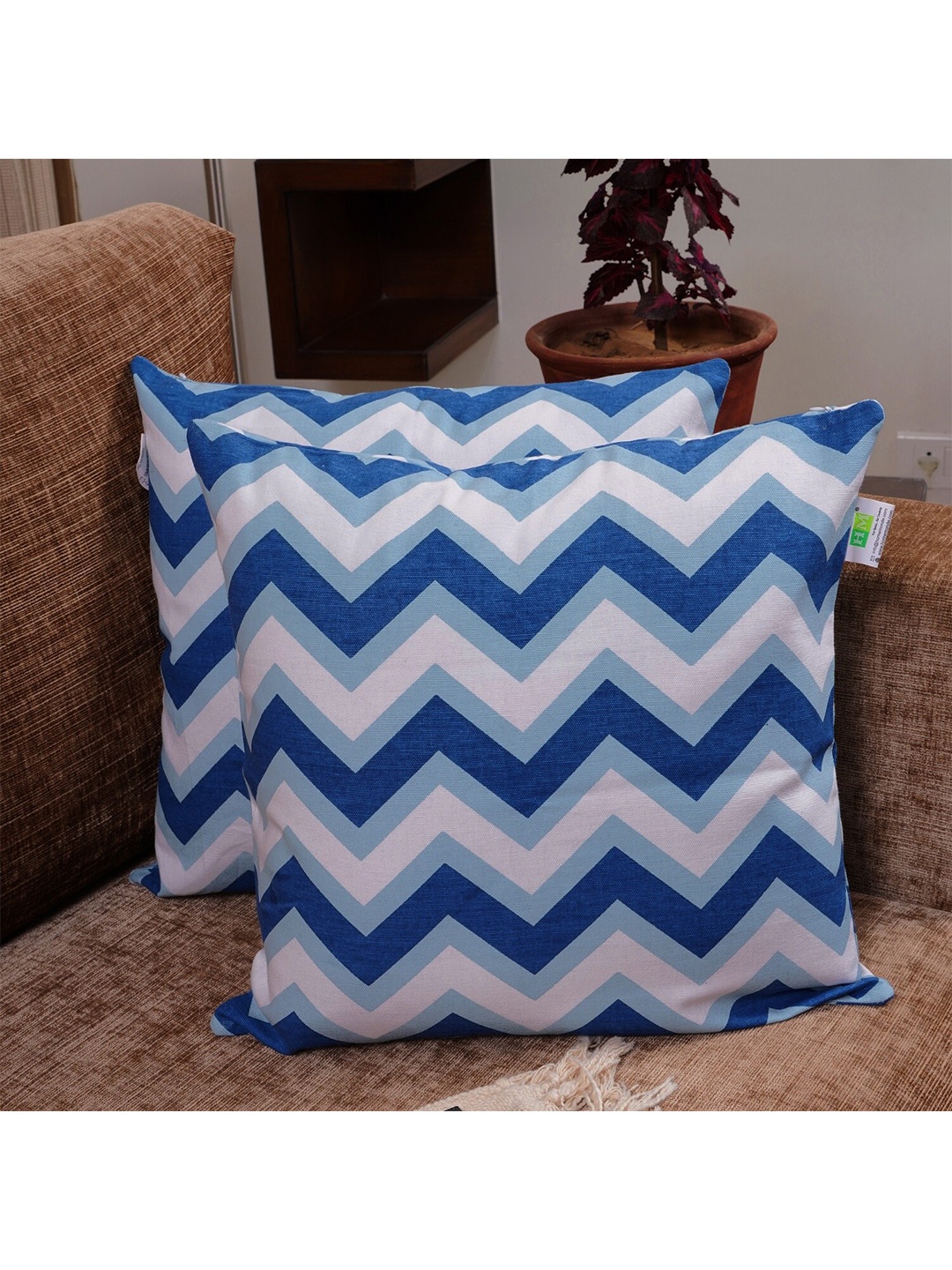 

HOMEMONDE Blue & White Set of 2 Geometric Square Cotton Cushion Covers