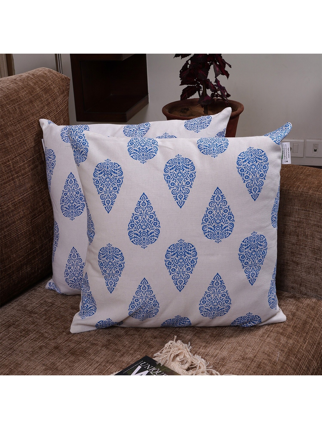 

HOMEMONDE Blue & White Set of 2 Floral Square Cushion Covers