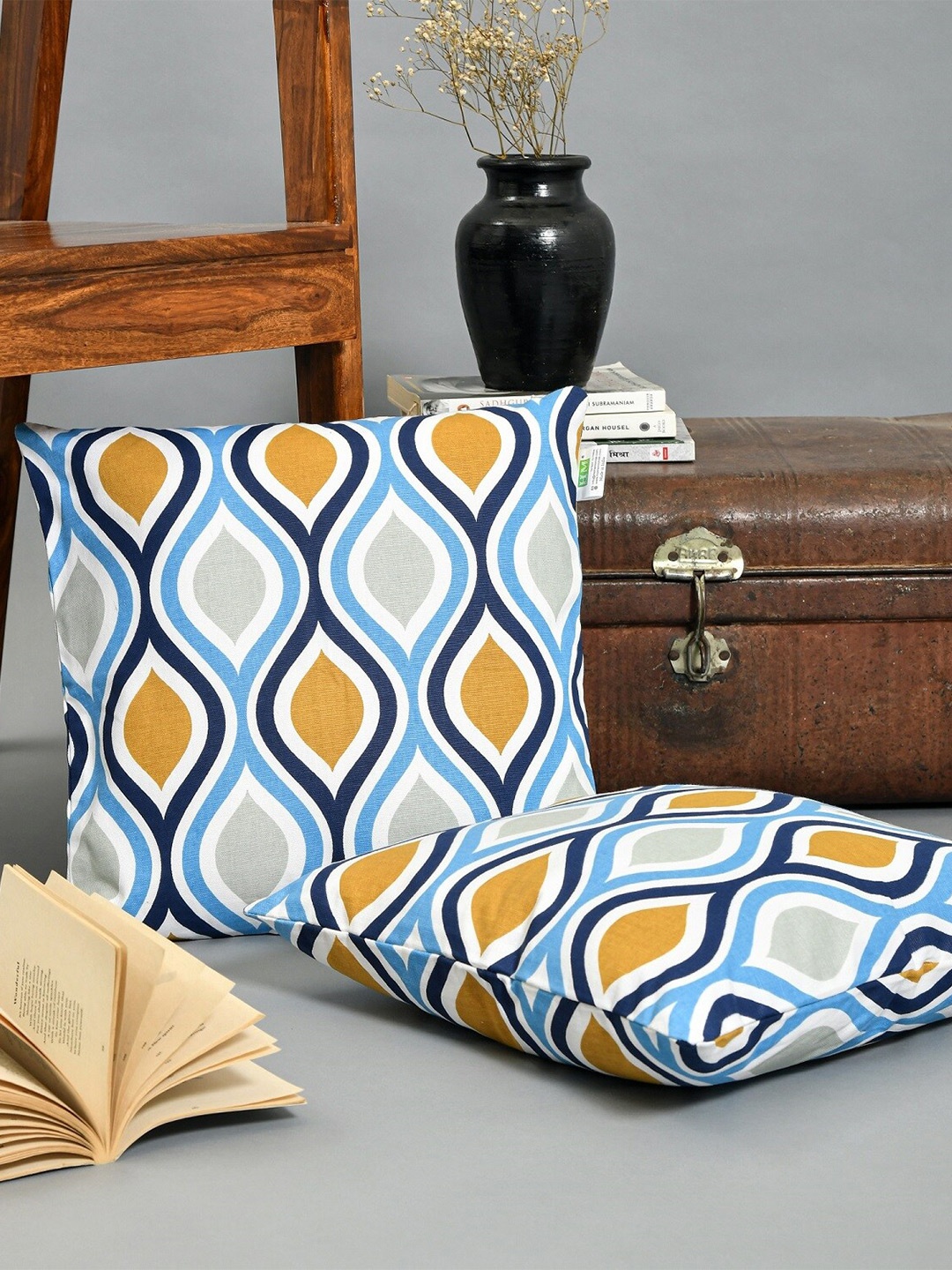

HOMEMONDE Set of 2 Blue & White Geometric Square Cushion Covers