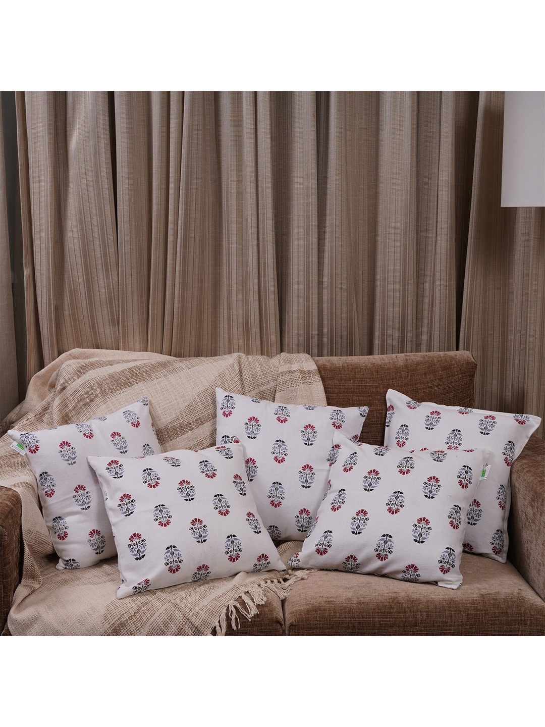 

HOMEMONDE Red & White Set of 5 Floral Square Cushion Covers