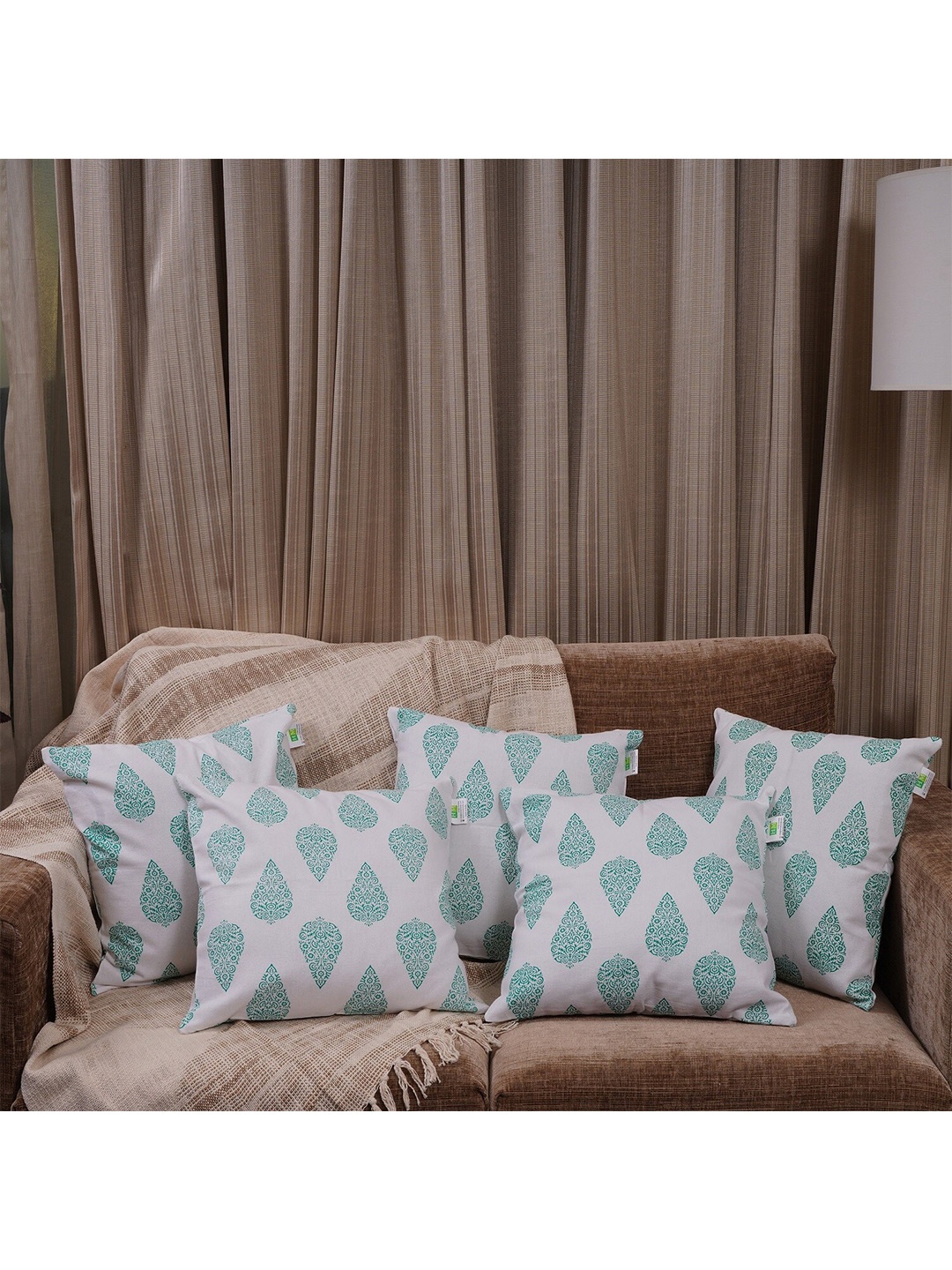 

HOMEMONDE Green & White Set of 5 Square Cushion Covers