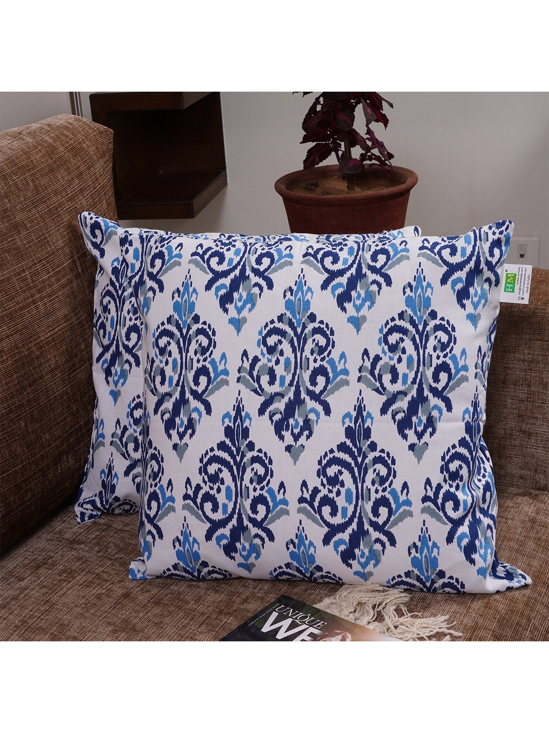 

HOMEMONDE Blue & White Set of 2 Ethnic Motifs Square Cushion Covers