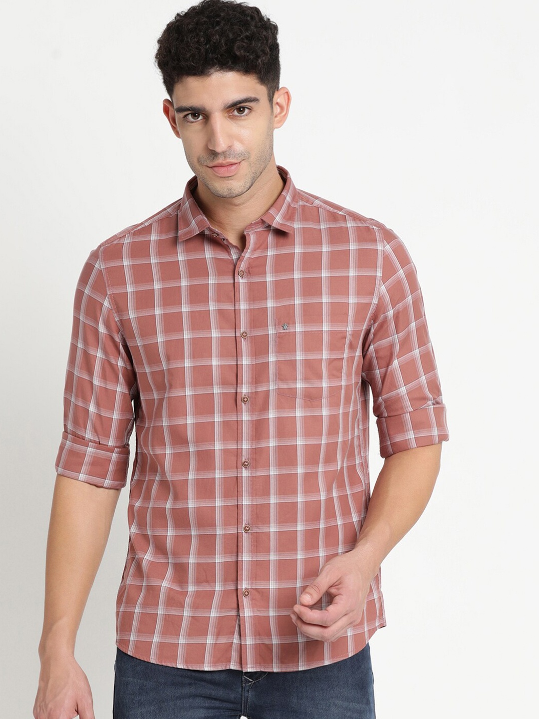 

Turtle Men Rust Slim Fit Windowpane Checked Pure Cotton Casual Shirt