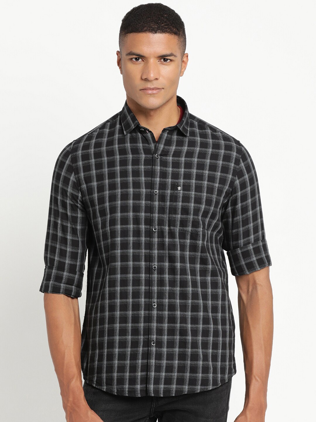 

Turtle Men Black Slim Fit Windowpane Checked Pure Cotton Casual Shirt