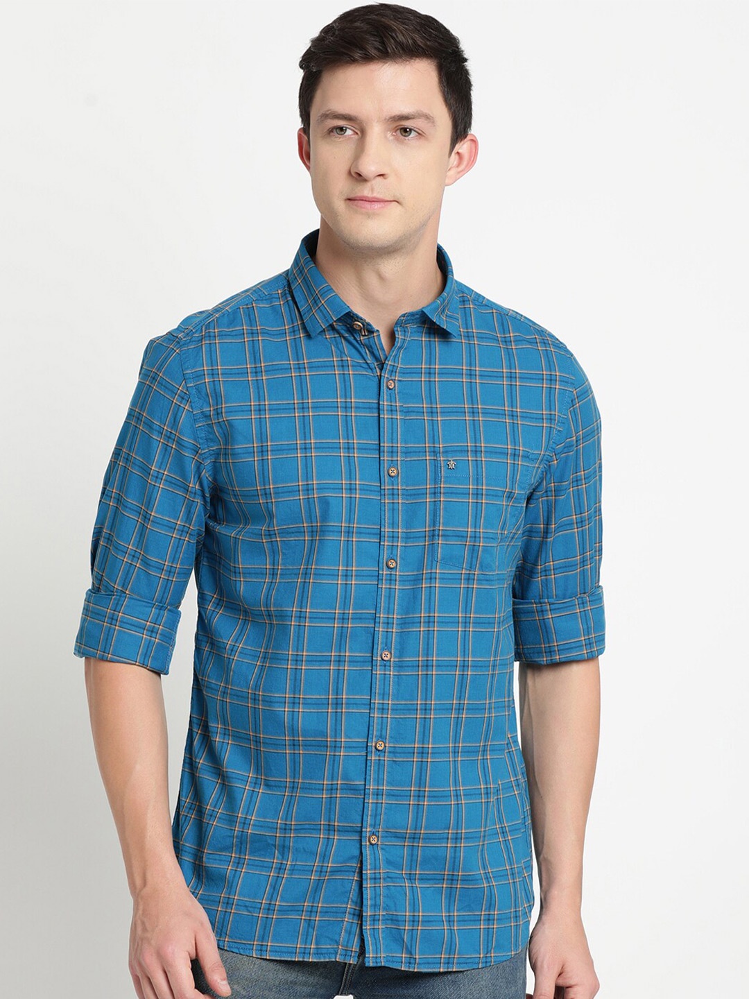 

Turtle Men Blue Slim Fit Tartan Checks Cotton Casual Shirt