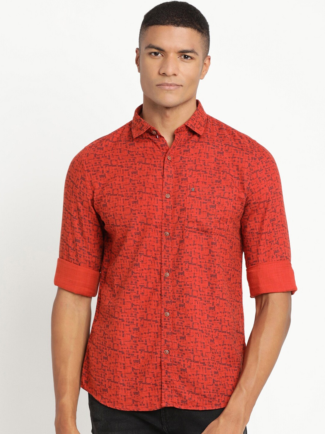 

Turtle Men Red Slim Fit Printed Casual Cotton Shirt