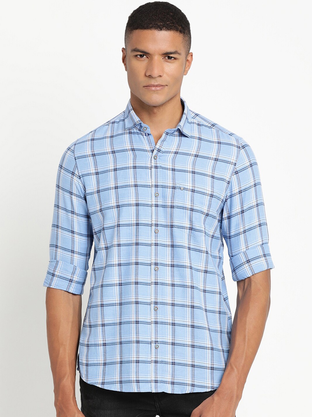 

Turtle Men Blue Slim Fit Windowpane Checks Checked Cotton Casual Shirt