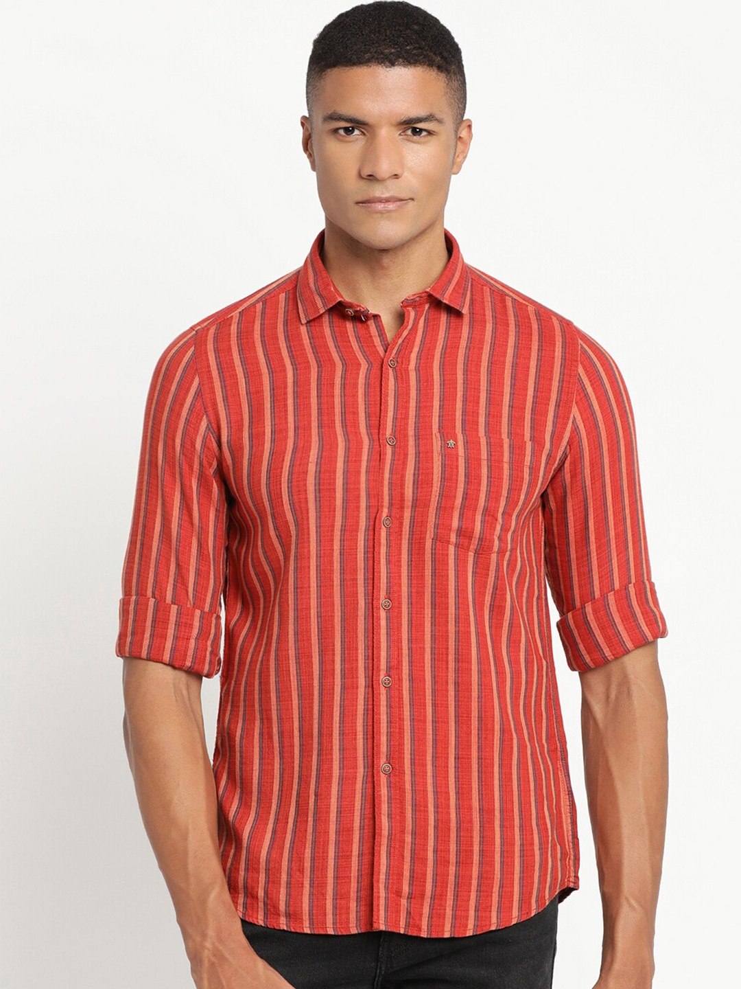 

Turtle Men Red Slim Fit Striped Casual Shirt