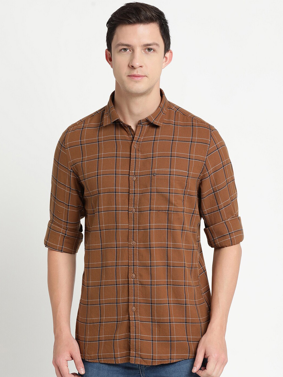 

Turtle Men Brown Slim Fit Tartan Checked Pure Cotton Casual Shirt