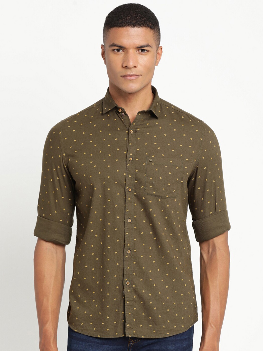 

Turtle Men Olive Green Slim Fit Printed Cotton Casual Shirt
