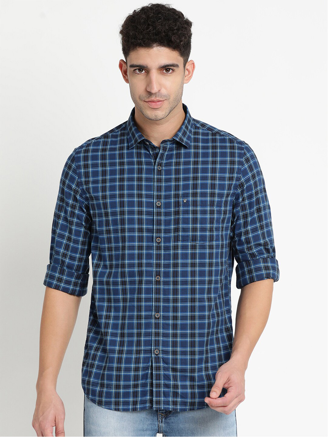

Turtle Men Blue Slim Fit Tartan Checks Checked Cotton Casual Shirt