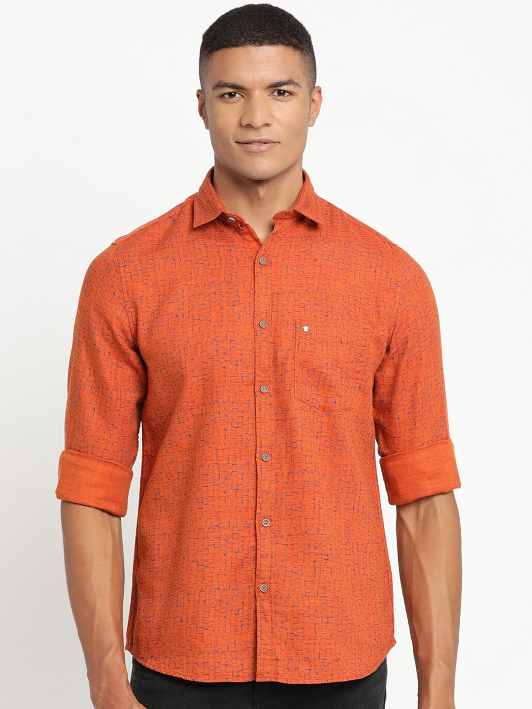 

Turtle Men Orange Slim Fit Printed Pure Cotton Casual Shirt