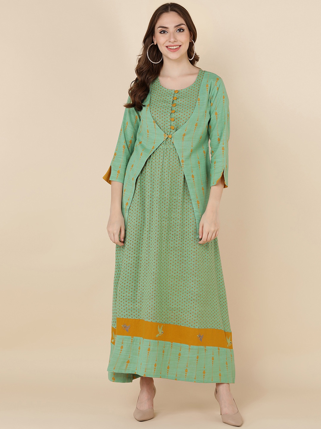 

HERE&NOW Women Green & Mustard Yellow Printed Cotton Maxi Dress with Jacket