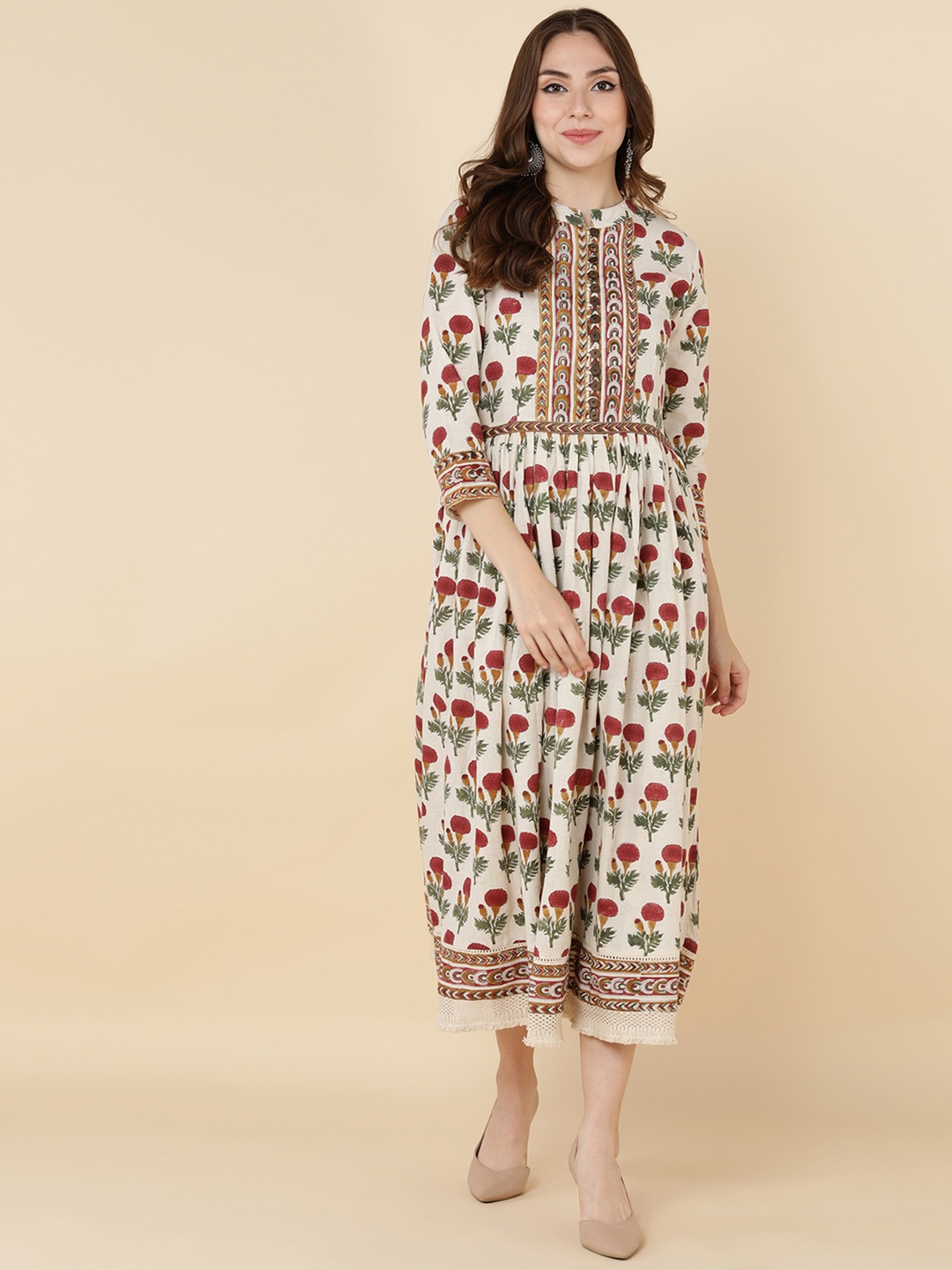 

HERE&NOW Women White & Red Floral Printed Cotton Ethnic Dress