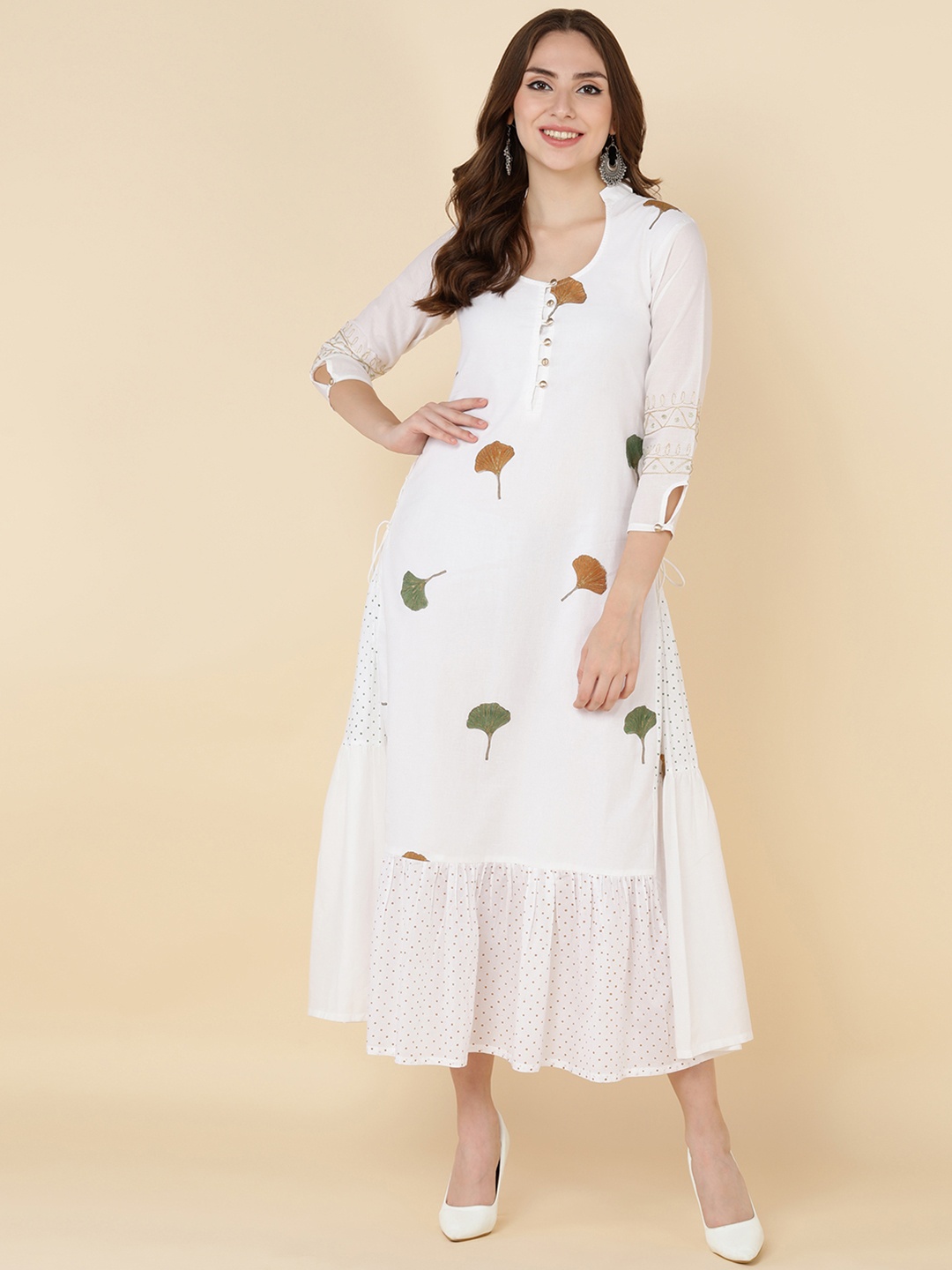 

HERE&NOW Women White Floral Printed Cotton A-Line Maxi Ethnic Dress