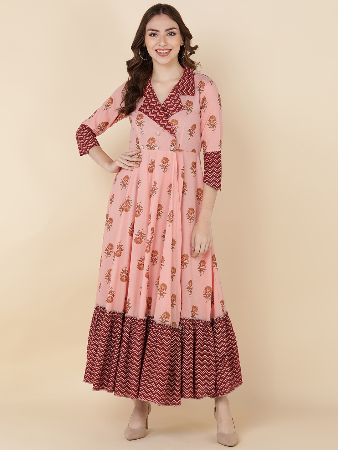 

HERE&NOW Women Pink & Maroon Floral Ethnic Cotton Maxi Ethnic Dress