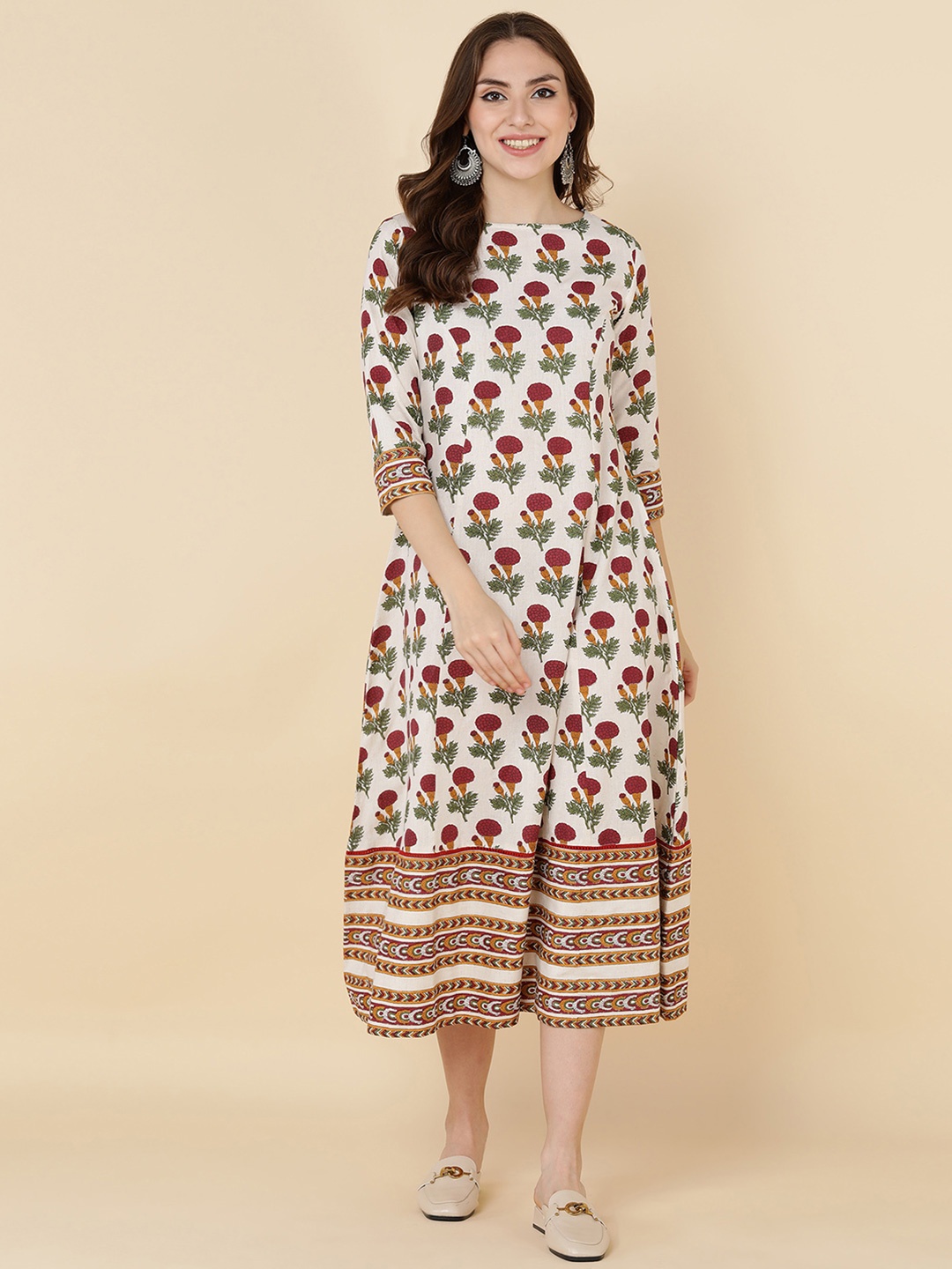 

HERE&NOW Women White & Red Ethnic Motifs Ethnic A-Line Midi Ethnic Dress