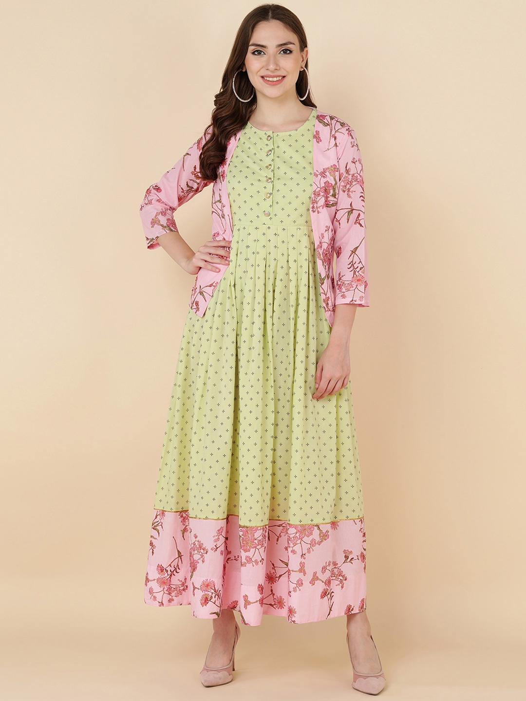 

HERE&NOW Women Green And Pink Ethnic Motifs Cotton Maxi Ethnic Dress With Short Jacket