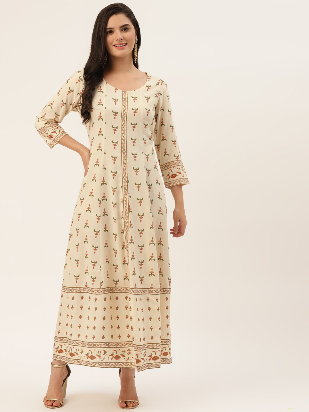 

HERE&NOW Women Cream-Coloured Floral Maxi Ethnic Dress