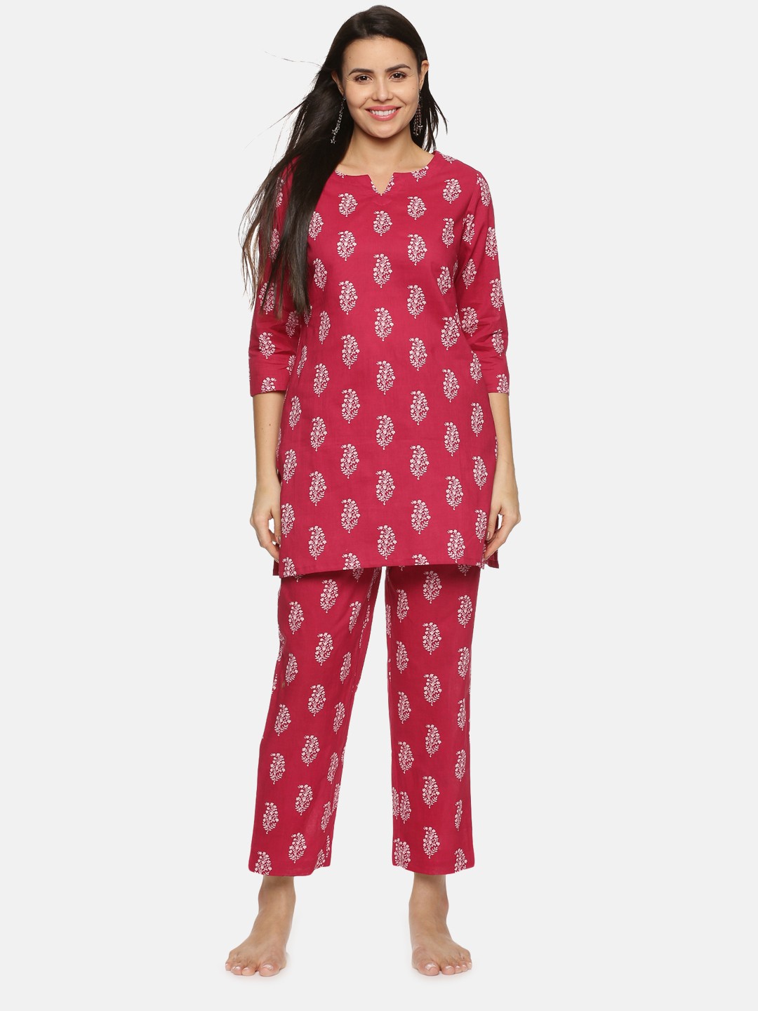 

Palakh Women Red & White Printed Pure Cotton Night suit