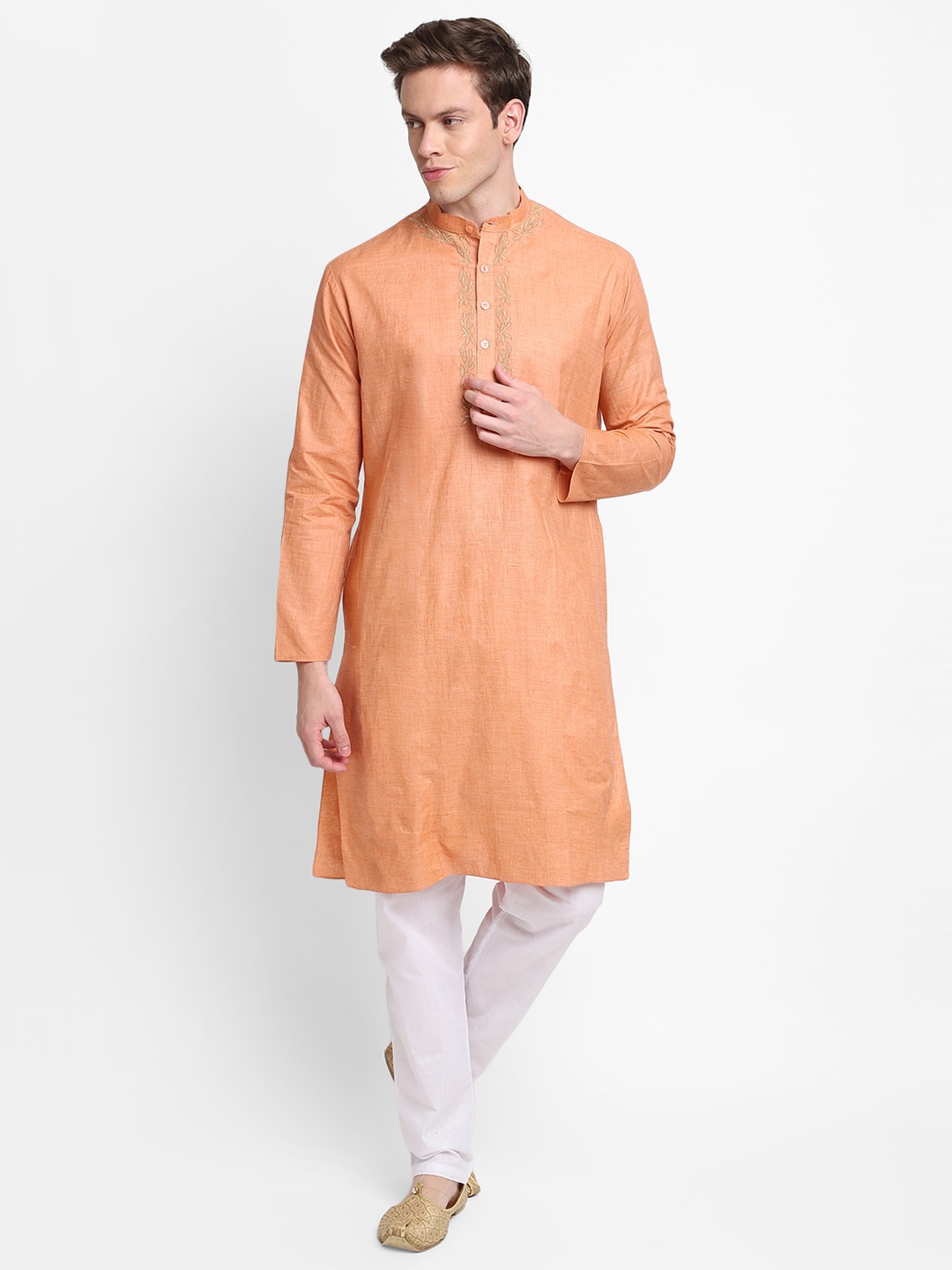

DEVOILER Men Orange Embroidered Cotton Blend Kurta with Pyjama