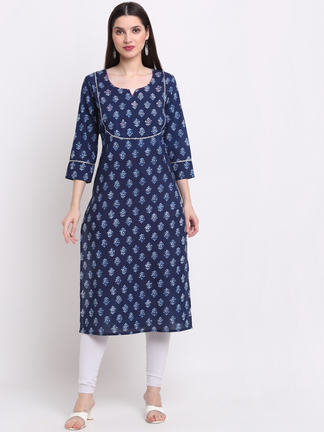 

KALINI Women Navy Blue Geometric Embellished Kurta