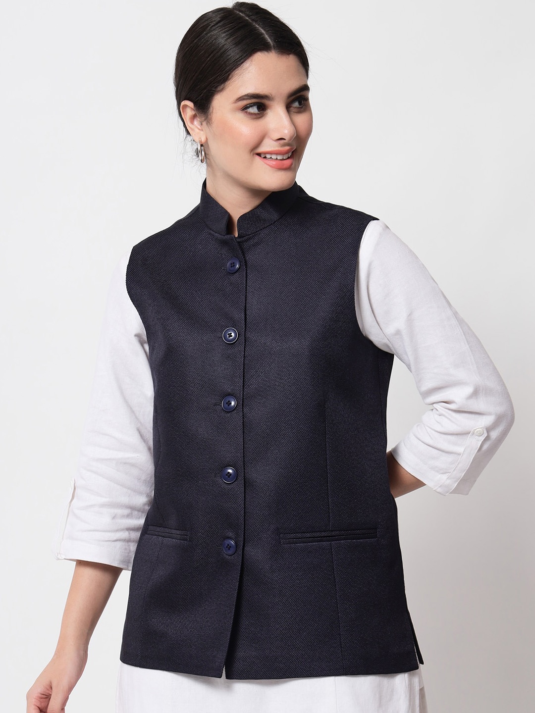 

Vastraa Fusion Women Navy Blue Solid Nehru Jacket