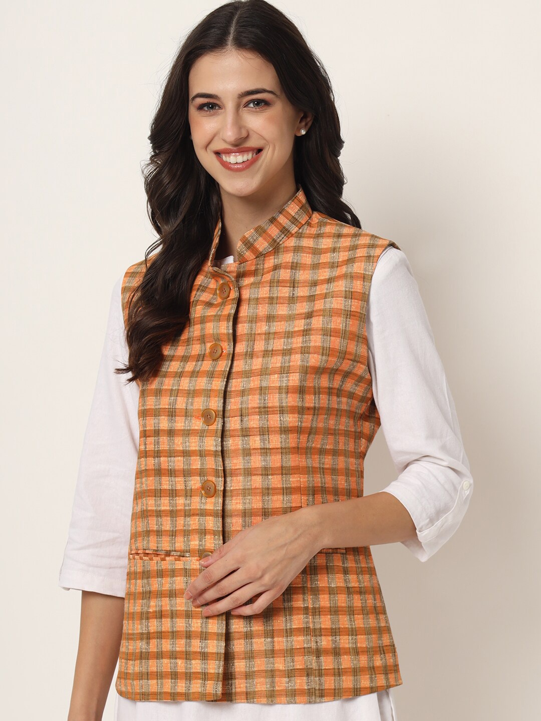 

Vastraa Fusion Women Orange Checked Woven Nehru Jacket