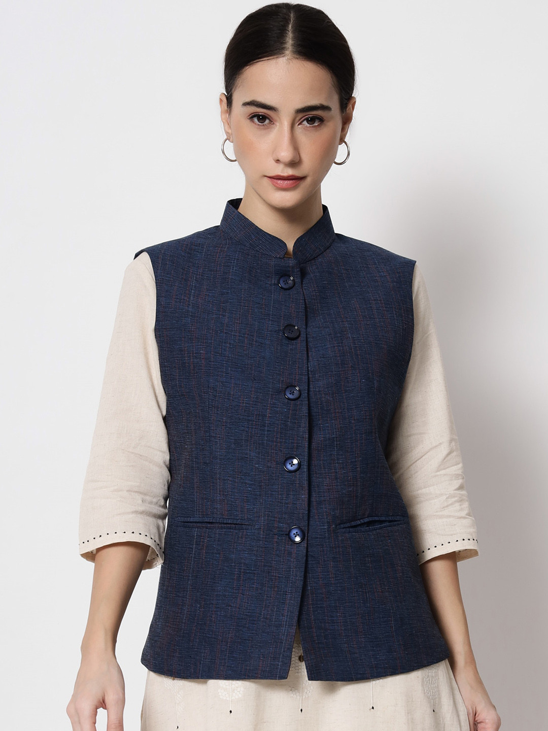 

Vastraa Fusion Women Navy Blue Woven Design Nehru Jacket