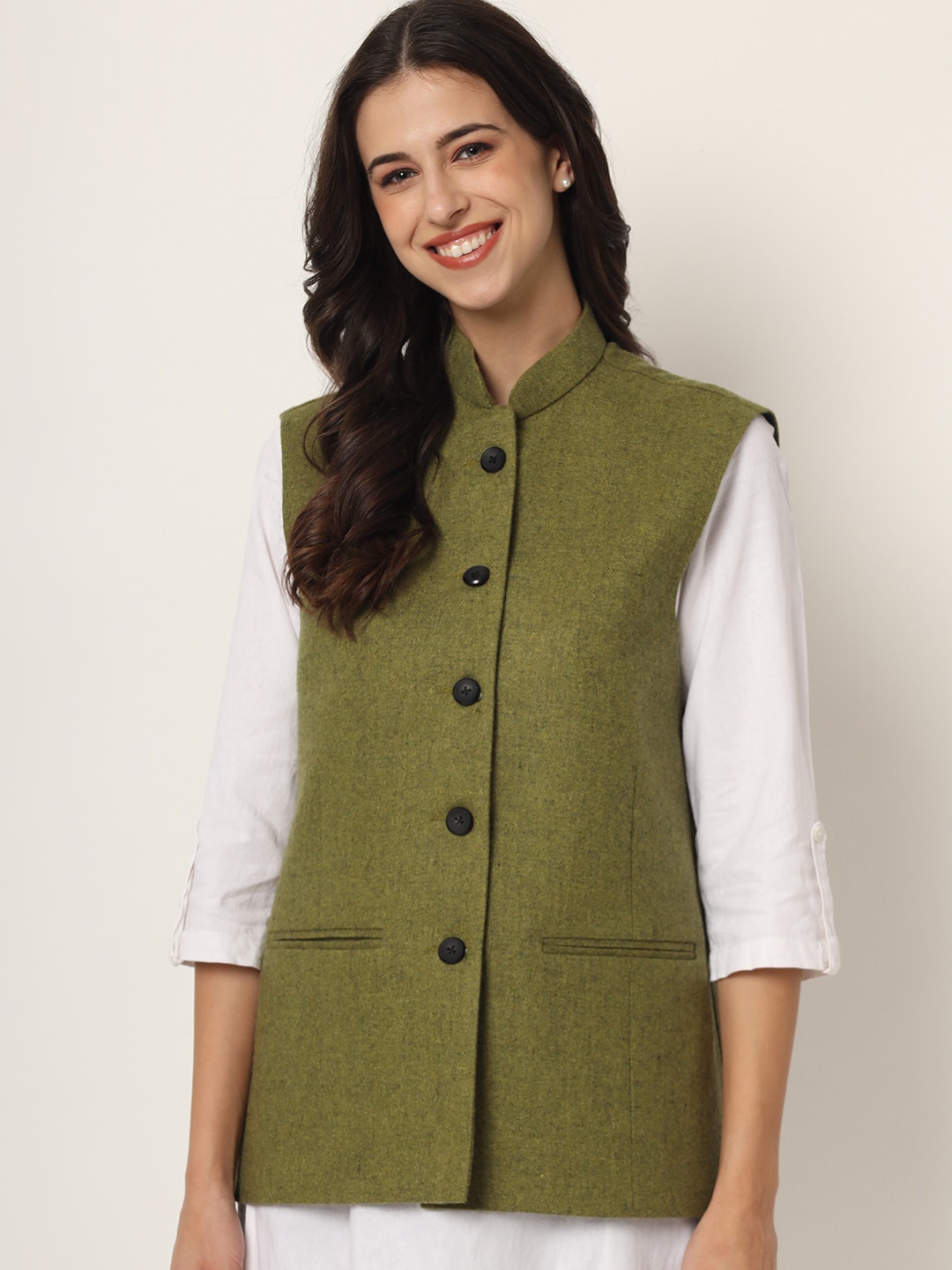 

Vastraa Fusion Women Olive Green Woven-Design Woollen Nehru Jacket