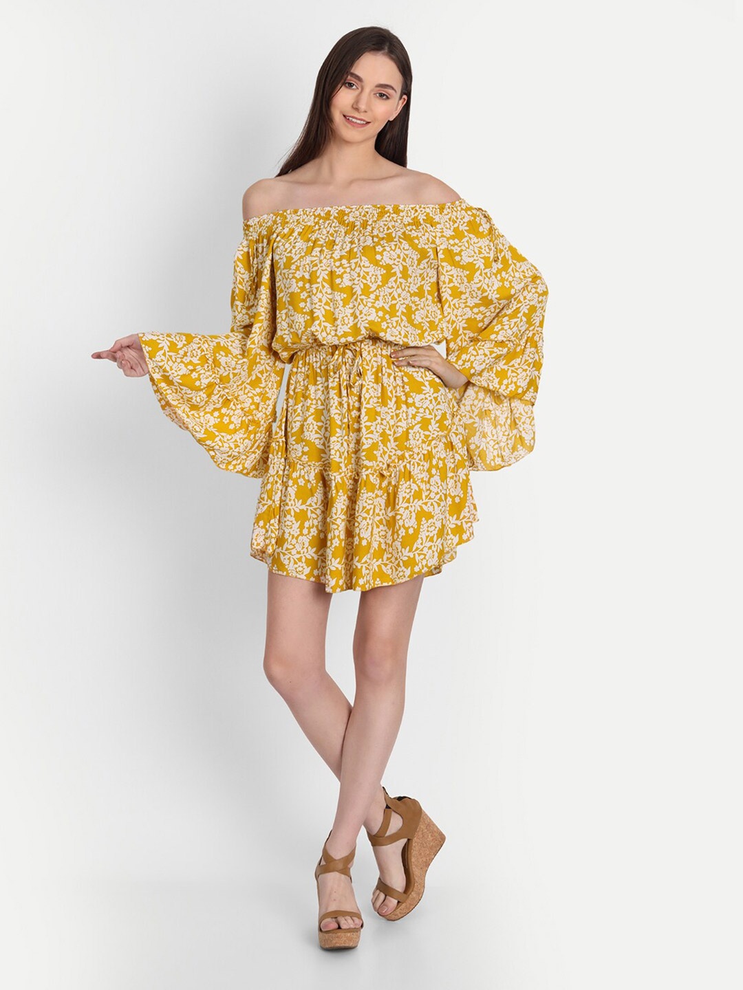 

iki chic Yellow Floral Off-Shoulder Mini Dress