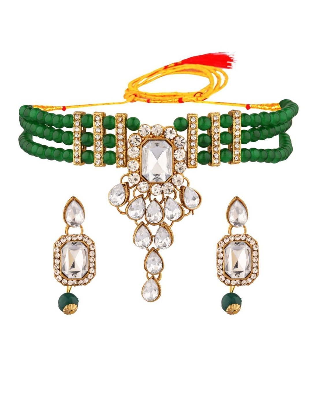 

Efulgenz Gold-Plated Green & White Kundan Studded & Beaded Jewellery Set