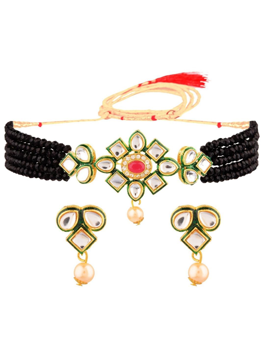 

Efulgenz Gold-Plated Black Kundan Studded Jewellery Set