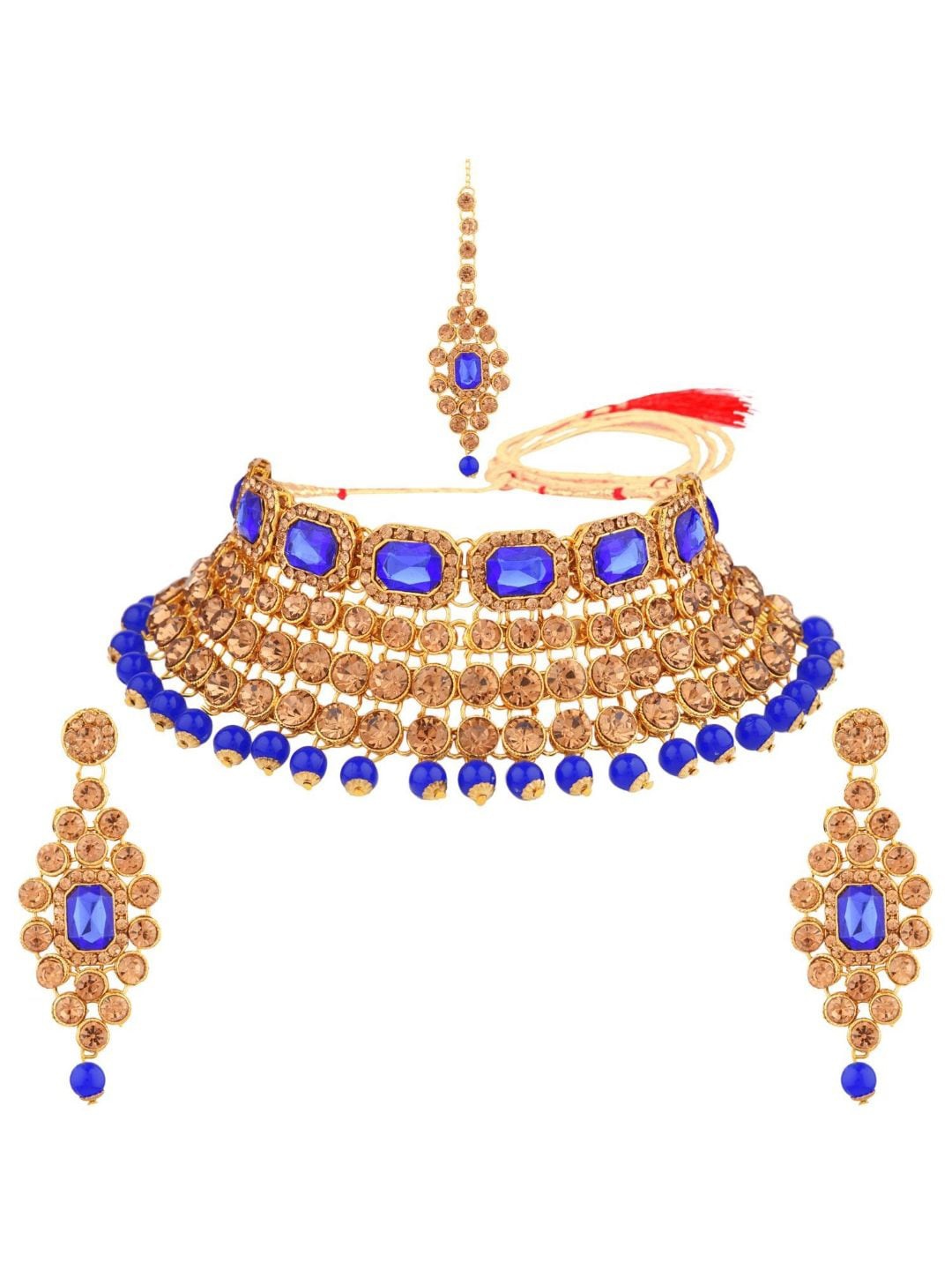

Efulgenz Women Gold-Plated Blue Crystal Stone-Studded Choker Jewellery Set