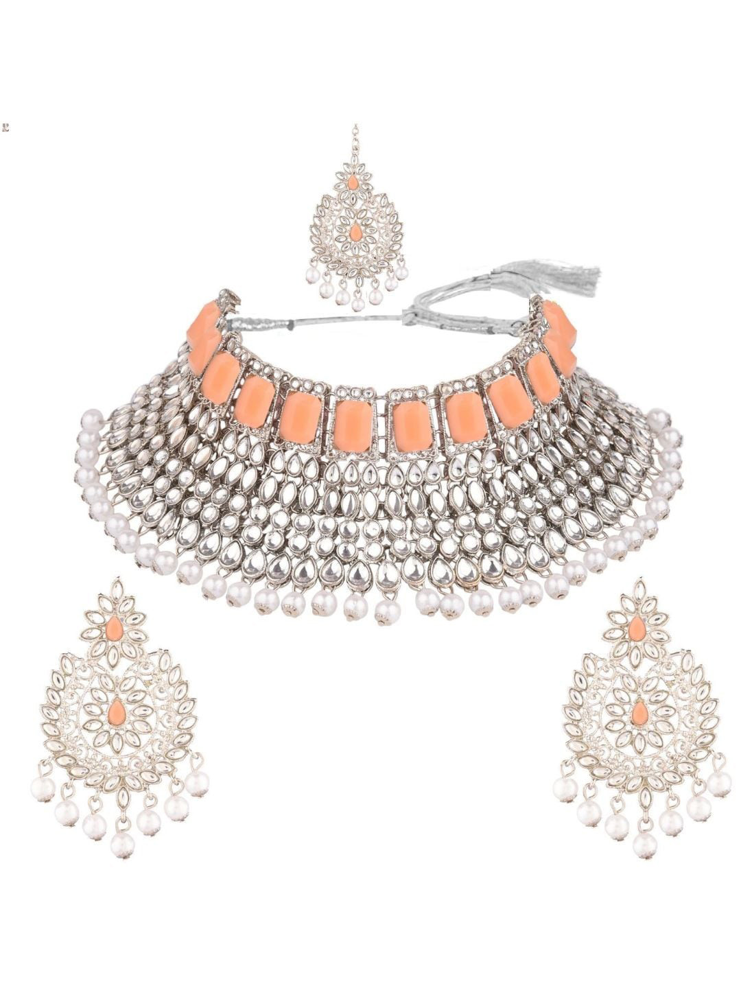 

Efulgenz Peach Rhodium-Plated Kundan & Beaded Choker Jewellery Set, Silver