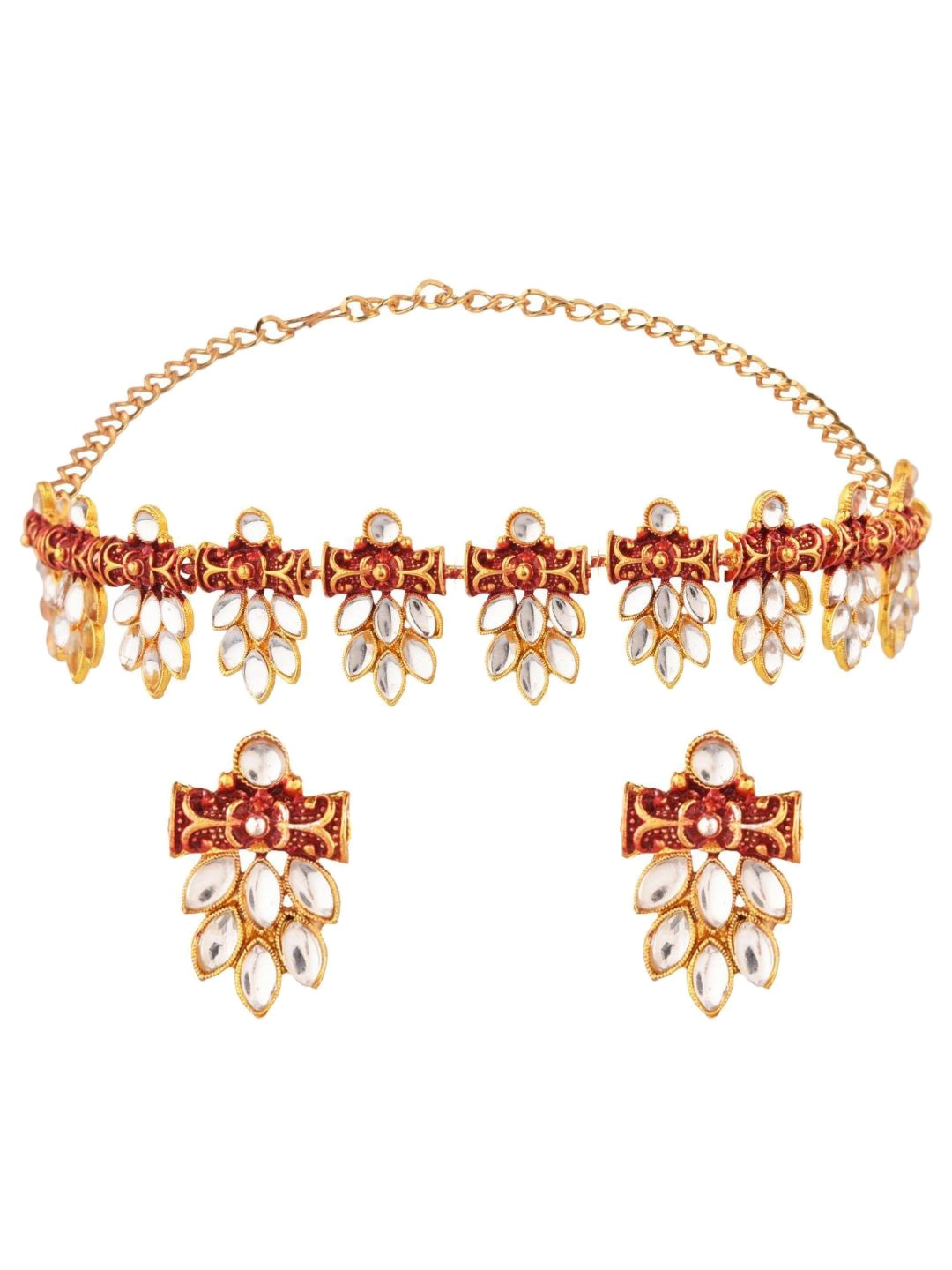 

Efulgenz Gold-Plated Red & White Crystal Studded Jewellery Set