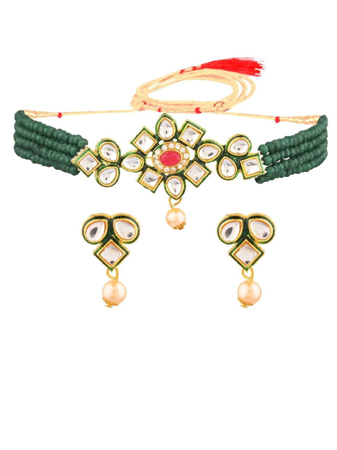 

Efulgenz Gold-Plated White & Green Kundan-Studded & Pearl Beaded Jewellery Set
