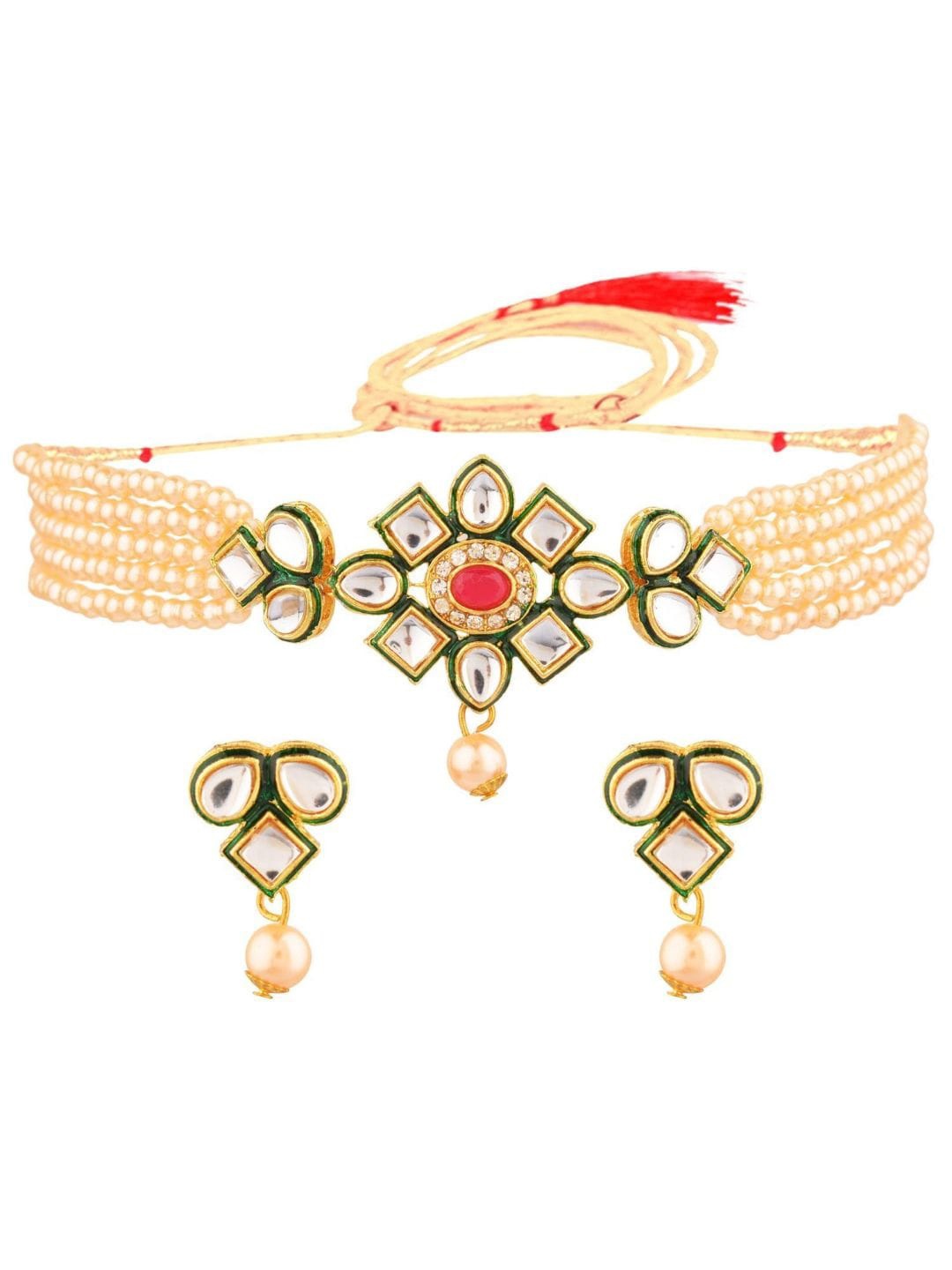 

Efulgenz Gold-Plated White & Cream-Coloured Crystal Studded & Beaded Jewellery Set