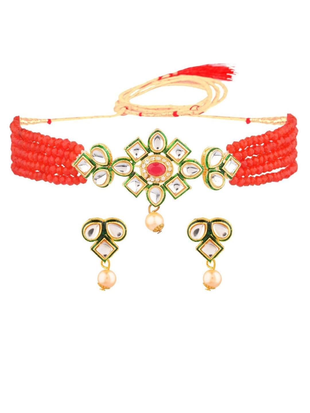 

Efulgenz Gold-Plated White & Red Kundan-Studded & Pearl Beaded Jewellery Set