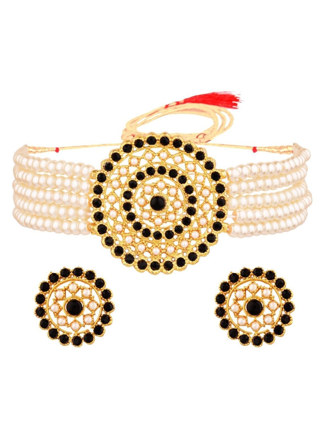 

Efulgenz Gold-Plated Black Stone-Studded & White Beaded Choker Jewellery Set
