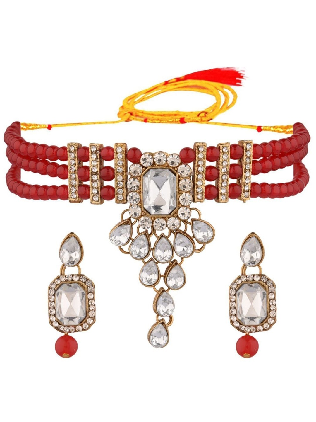 

Efulgenz Gold-Plated White & Brown Kundan Studded & Beaded Choker Jewellery Set