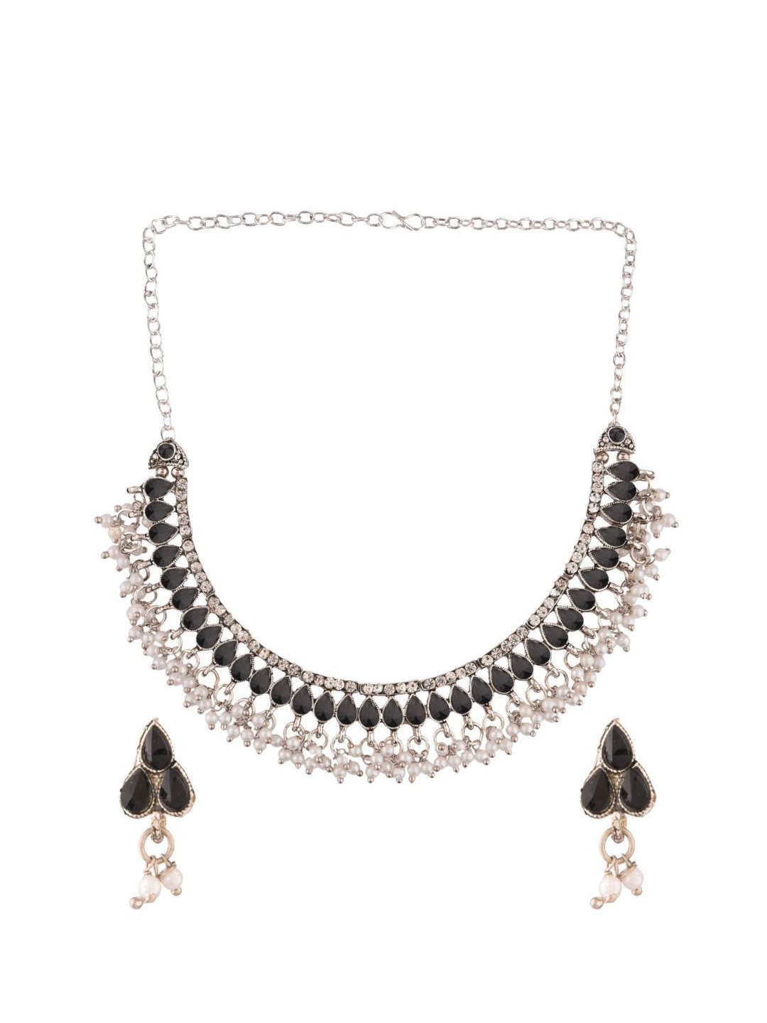 

Efulgenz Rhodium-Plated Black Stone Studded & Beaded Jewelry Set, Silver