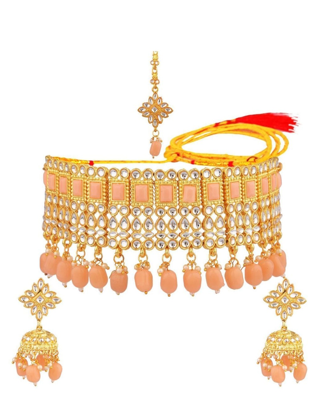 

Efulgenz Gold-Plated Peach Kundan Stone-Studded Antique Choker Necklace Set